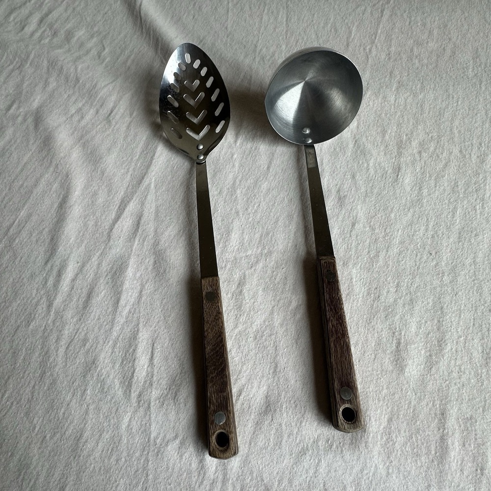 Vintage Unbranded Slotted Spoon Stainless-riveted Wood Handle & Ladle Japan